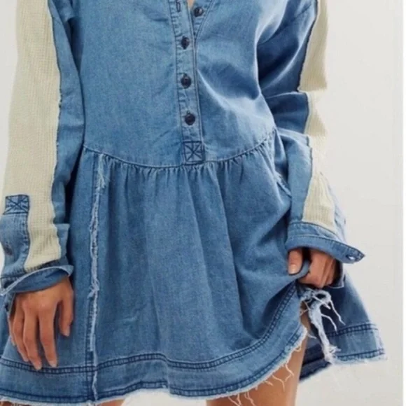 Free People Denim & Thermal Long Sleeve Dress XS NWOTS - Picture 3 of 9